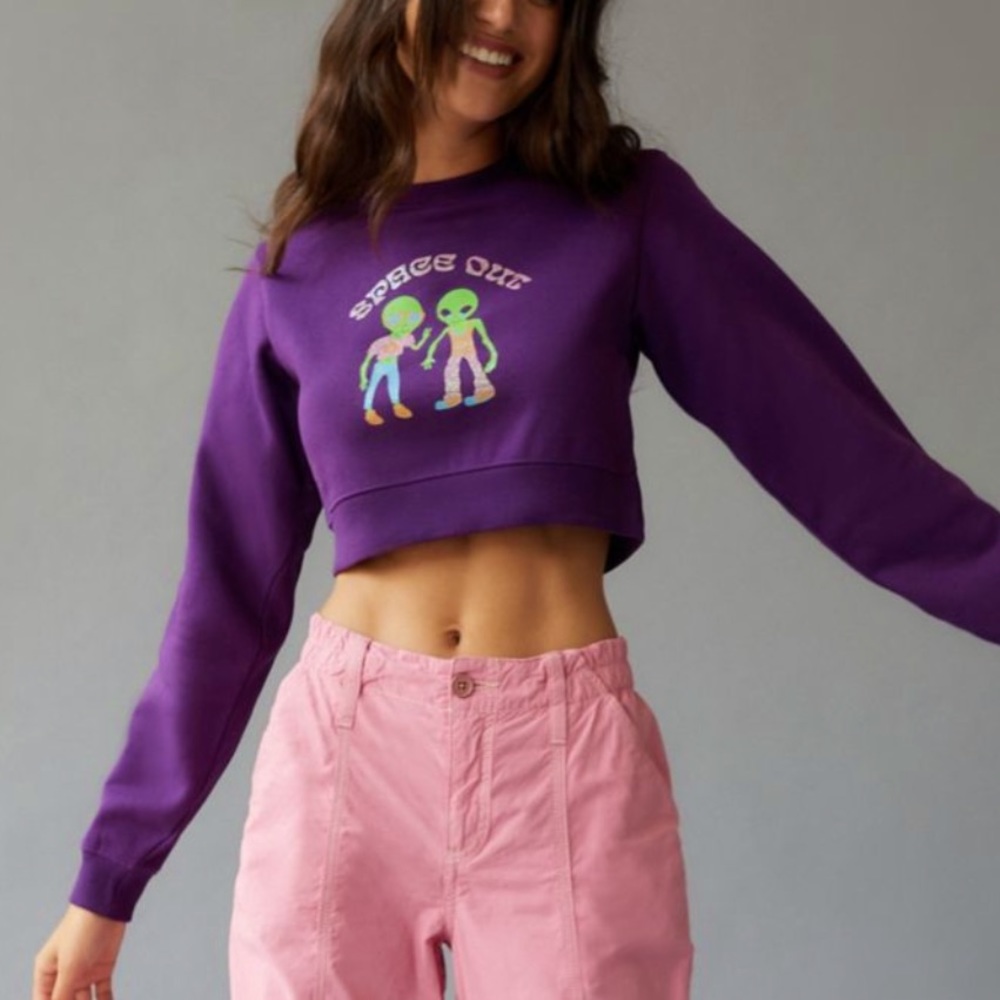 NWT UO Alien Friends "Spaced Out" Glitter Crop Crew Neck Vintage Sweatshirt